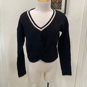 Guess Black V-Neck Twist Front Sweater with White Trim